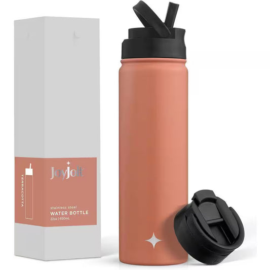 22-Ounce Stainless Steel Vacuum Insulated Bottle with 2 Lids, Red Orange